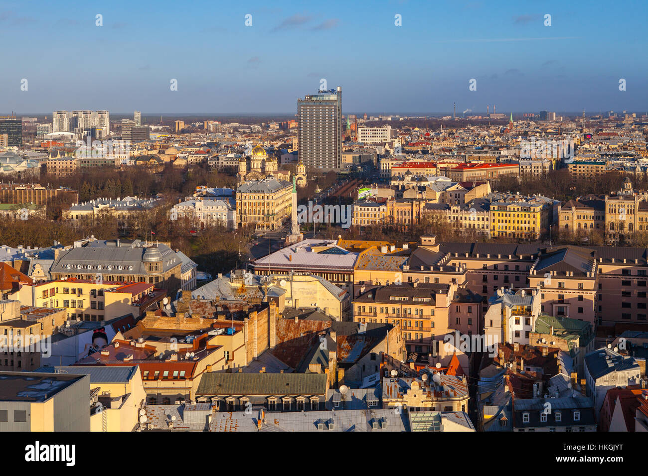New Riga RIGA, LATVIA - 25 DEC 2016. Aerial view on roofs of Riga city center ...
