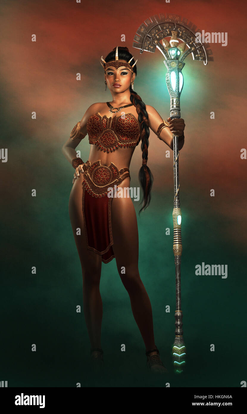3d computer graphics of a portrait of a female Amazon warrior with fantasy dress and weapon Stock Photo