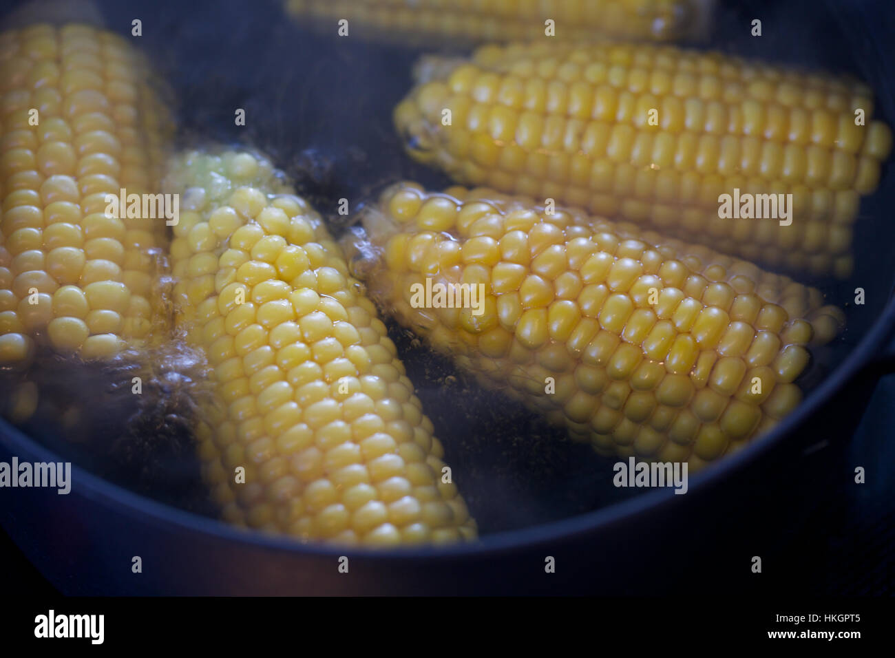 corn in boiling water. maize, pots and pans, vegetable, food . Stock Photo