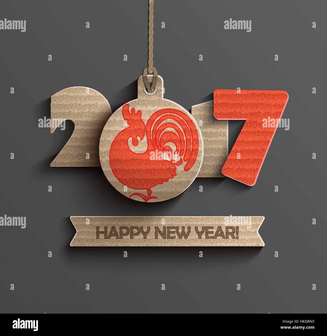 Happy New Year 2017. Year of roster 2017 with ribbon and text happy new year. Vector illustration. Stock Vector