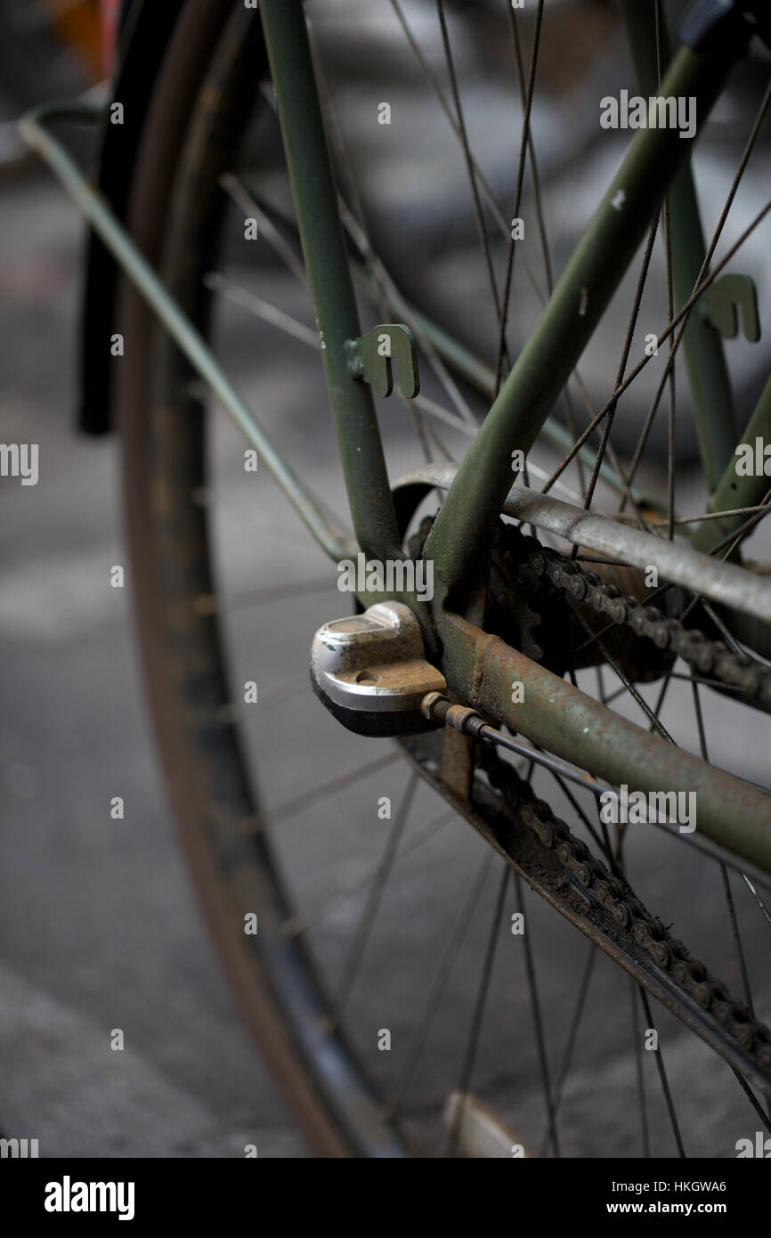 wheel of rusty old bicycle. tyre, iron, transportation, cycle. Stock Photo
