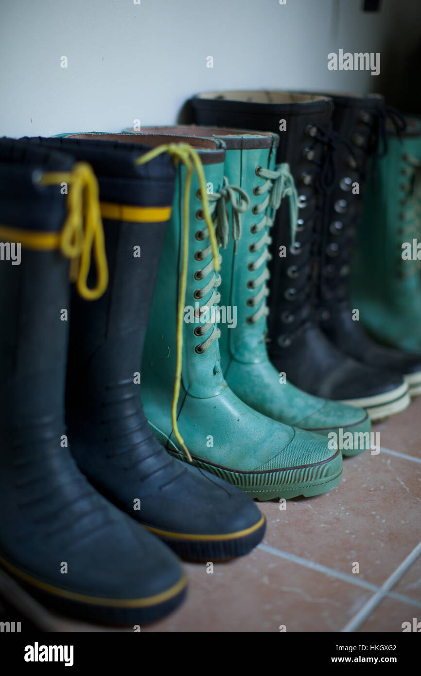 rubber boots on floor. lace, footwear, protective, wellies Stock Photo