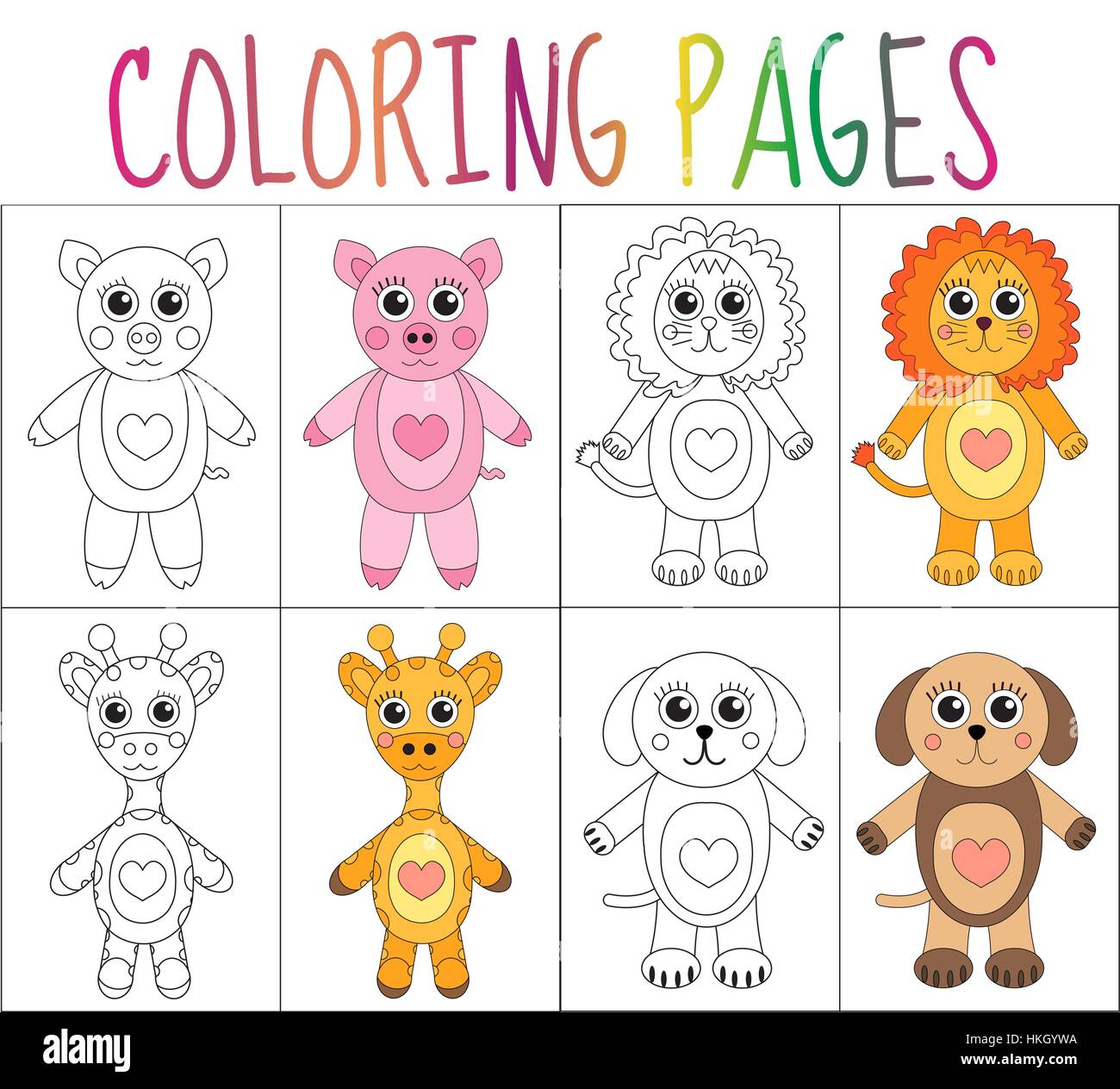 Coloring Book Page Set Animals Collection Sketch And Color Version For Kids Childrens Education Vector Illustration