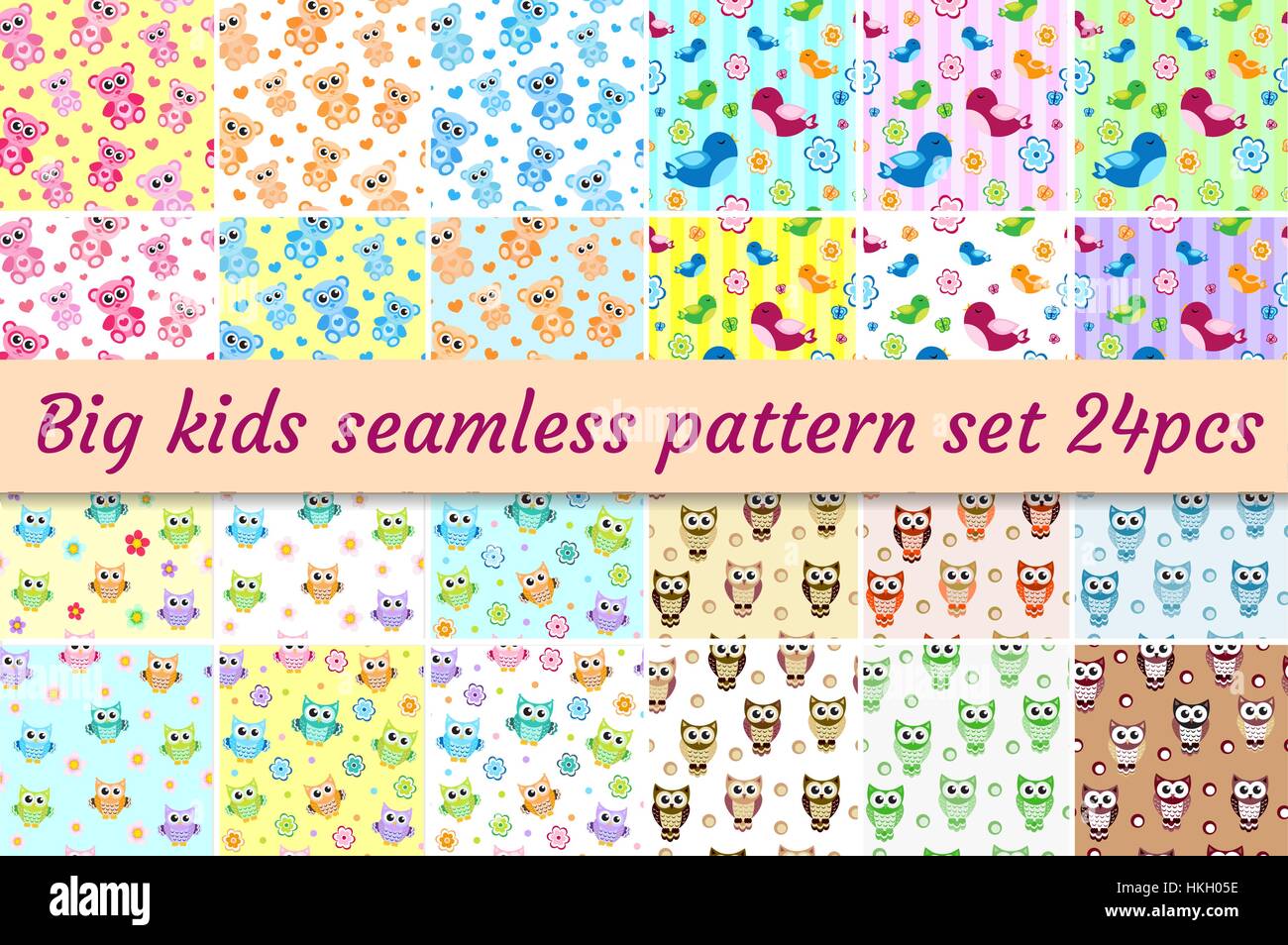 Kids seamless pattern big set. Children endless background with cute birds, owls, teddy bear. Baby texture, wallpaper. Vector illustration. Stock Vector