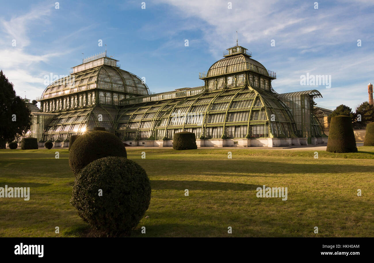 The Palmenhaus Schönbrunn is a large greenhouse in Vienna, Austria, featuring plants from around the world. It was opened in 1882. It is the most prom Stock Photo
