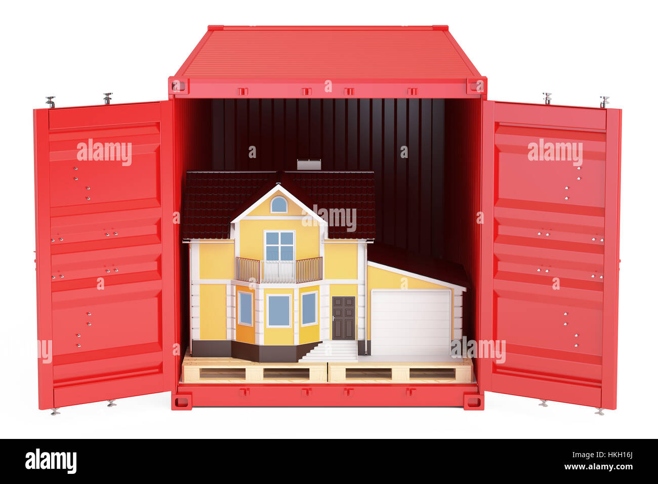Household moving services concept. Cargo container with house, 3D rendering isolated on white background Stock Photo