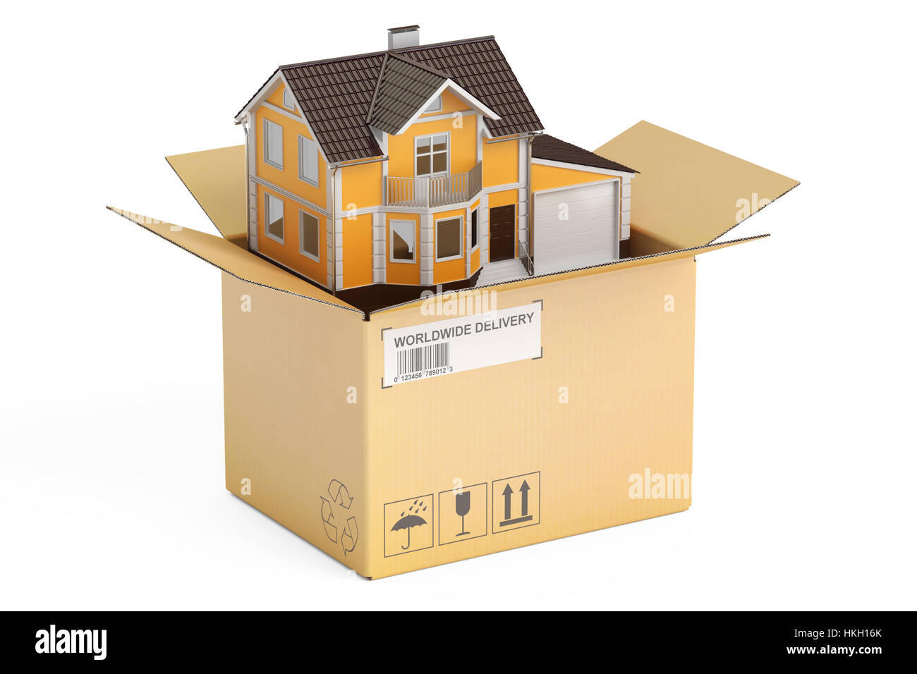 Household moving services concept. Parcel with house, 3D rendering