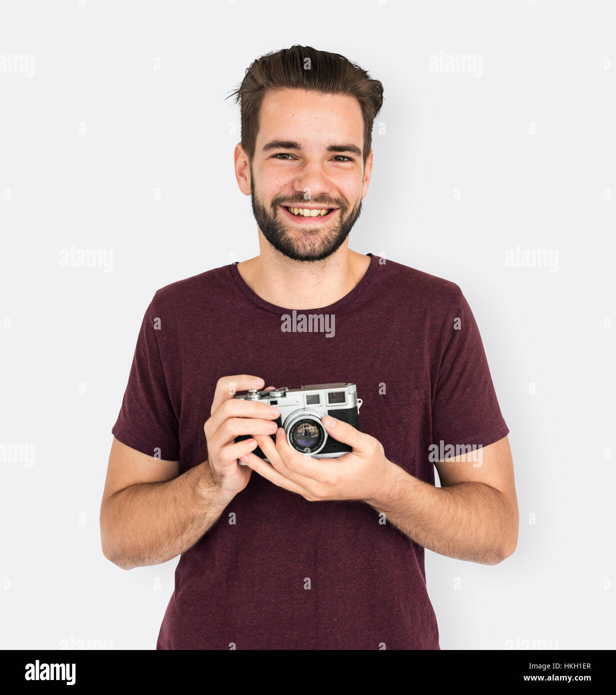 Cheerful Guy Man Holding Camera Photo Concept Stock Photo