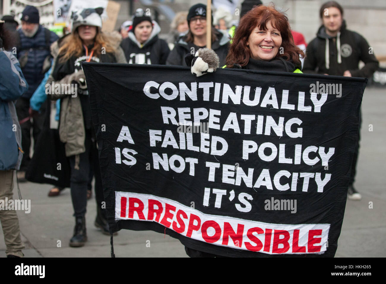 London, UK. 26th January, 2017. Animal rights campaigners march in remembrance of 10,866 badgers killed in the UK during the 2016 season. Stock Photo