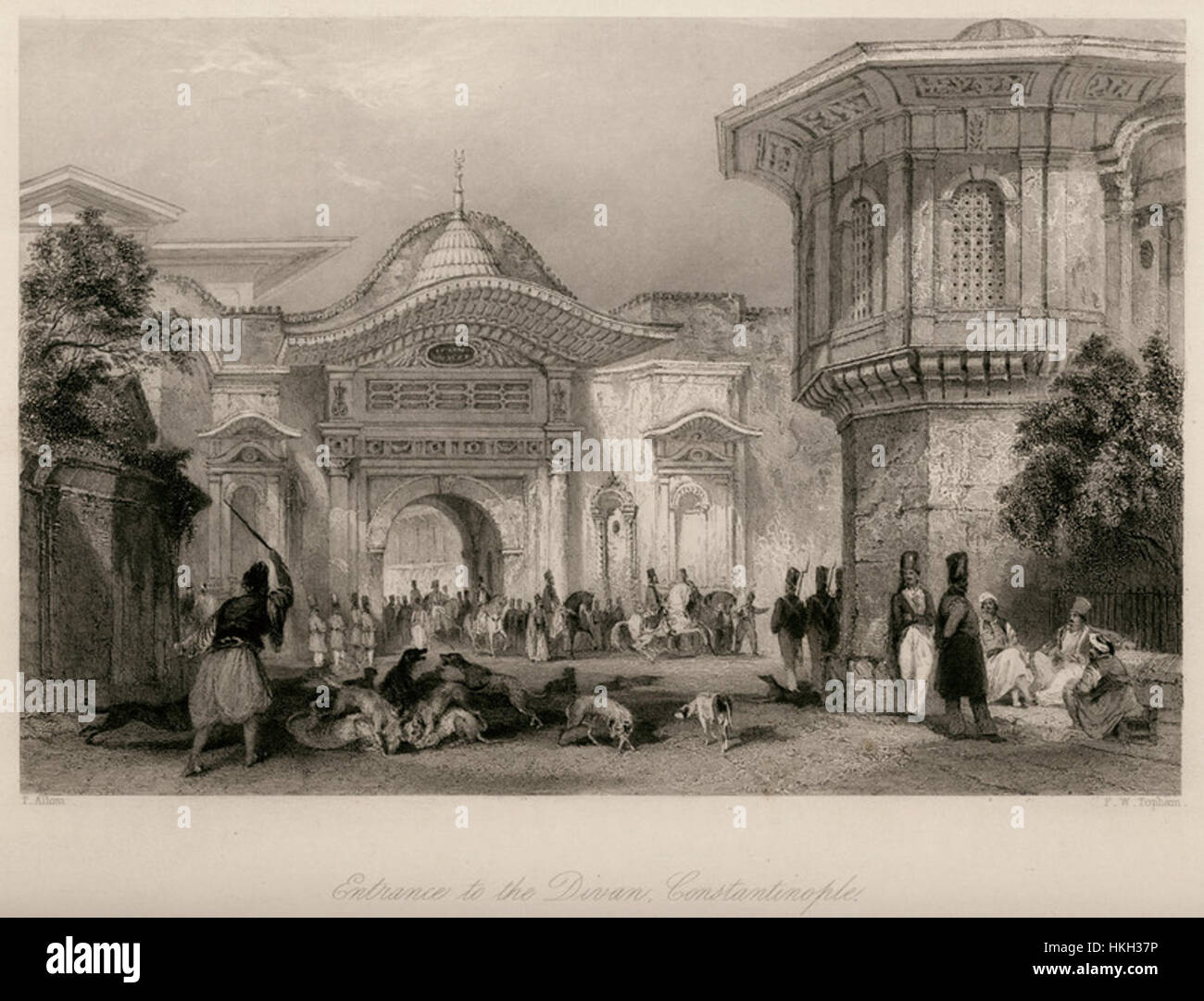 The 'Entrance to the Divan' in Constantinople, captured by Robert Walsh and Thomas Allom in 1836, illustrates the architectural grandeur and the social importance of the Divan during the Ottoman period. Stock Photo