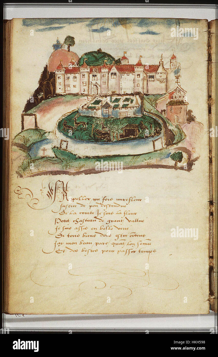 Castle Mirefleur   drawing from Jean Lemaire de Belges, Genealogie de Madame Anne de la Tour, princesse de l'Ecosse Stock Photo