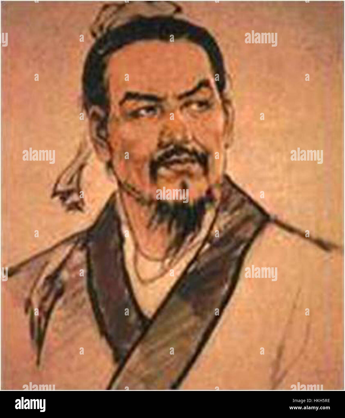 The portrait of Han Fei, an influential philosopher of the Warring States period in China, showcases his scholarly demeanor. Han Fei was a key figure in the development of Legalism, an important school of thought in Chinese philosophy, which emphasizes strict laws and centralized control. Stock Photo
