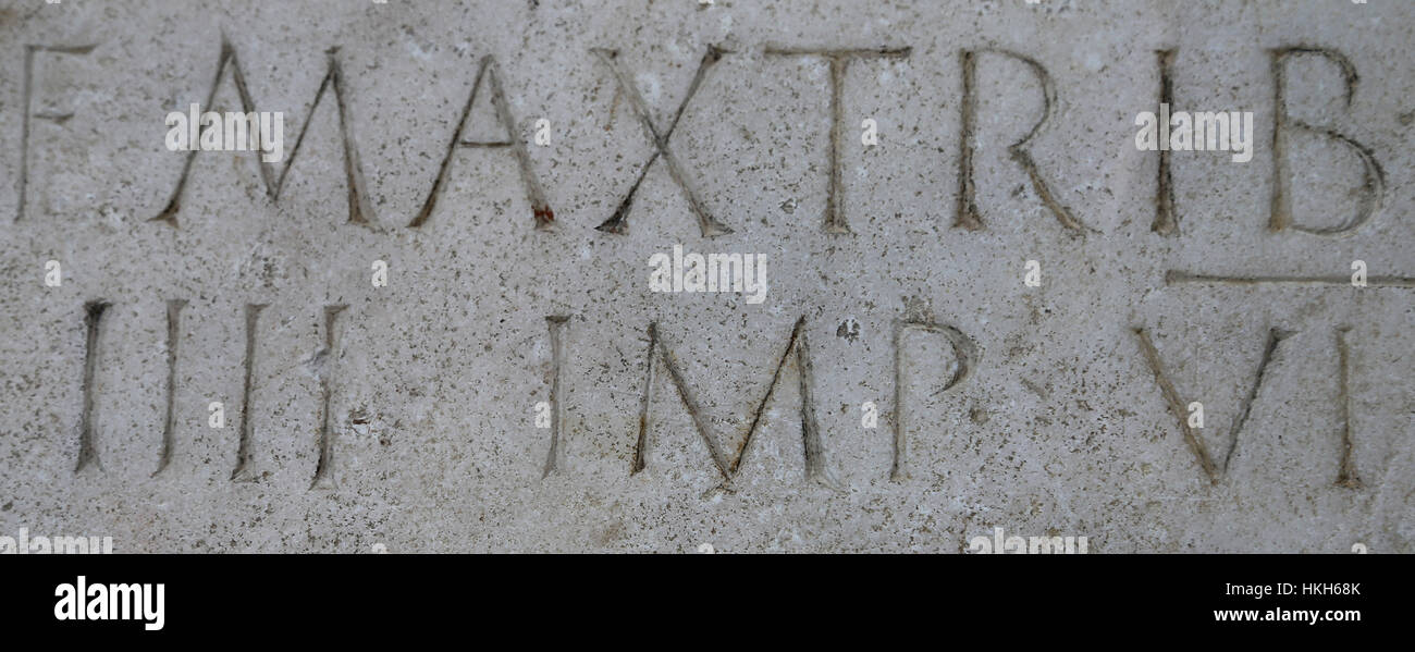 Stone plaque dedicated to Nero. Marble. 61-62. Augusta Emerita (Merida). Spain. Detail. Spain. Stock Photo