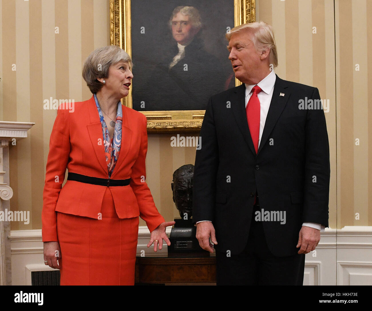 Prime Minister Theresa May meeting US President Donald Trump in the Oval Office of the White House, Washington DC, USA. Stock Photo