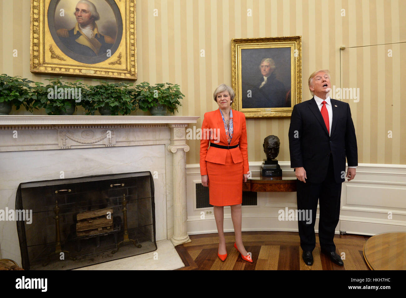 Prime Minister Theresa May meeting US President Donald Trump in the Oval Office of the White House, Washington DC, USA. Stock Photo