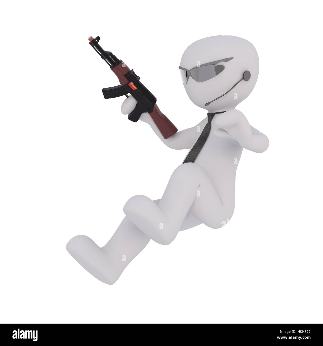 Figure of grey 3D man cartoon character of security guard in sunglasses and microphone holding ak machine gun, jumping isolated on white background Stock Photo