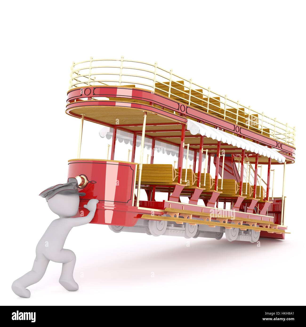 Figure of 3D man tram driver trying to move old red double-decker tram model by lifting it up, isolated on white background Stock Photo