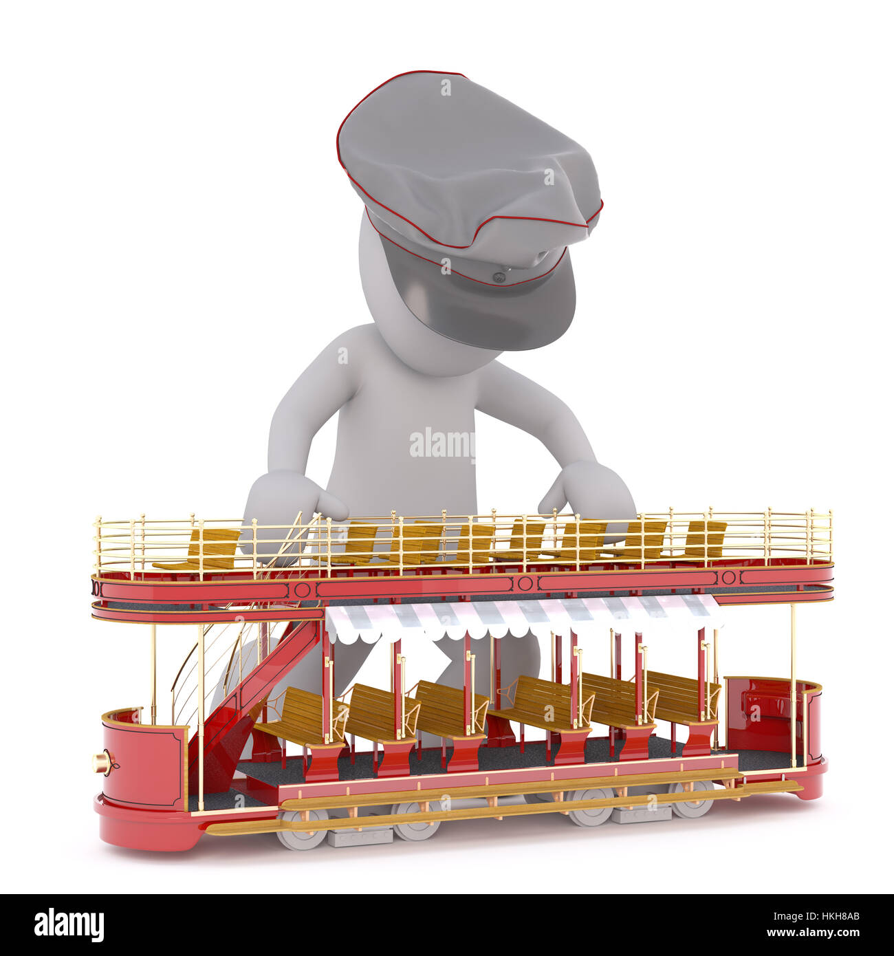 Figure of faceless 3D man tram driver in peaked cap working on small double-decker red sightseeing tram, standing behind it isolated on white backgrou Stock Photo