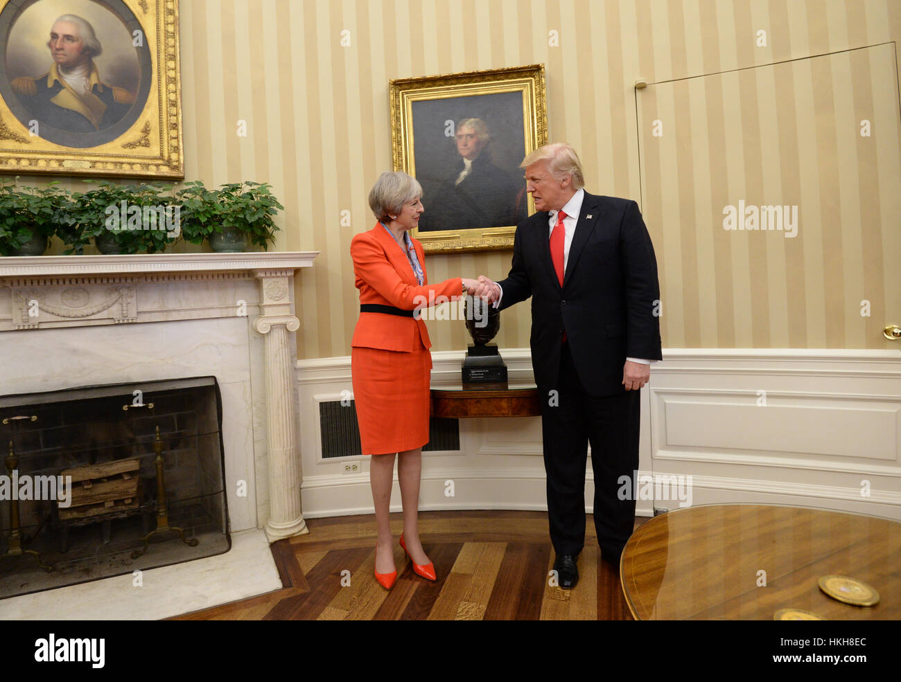 Prime Minister Theresa May meeting US President Donald Trump in the Oval Office of the White House, Washington DC, USA. Stock Photo