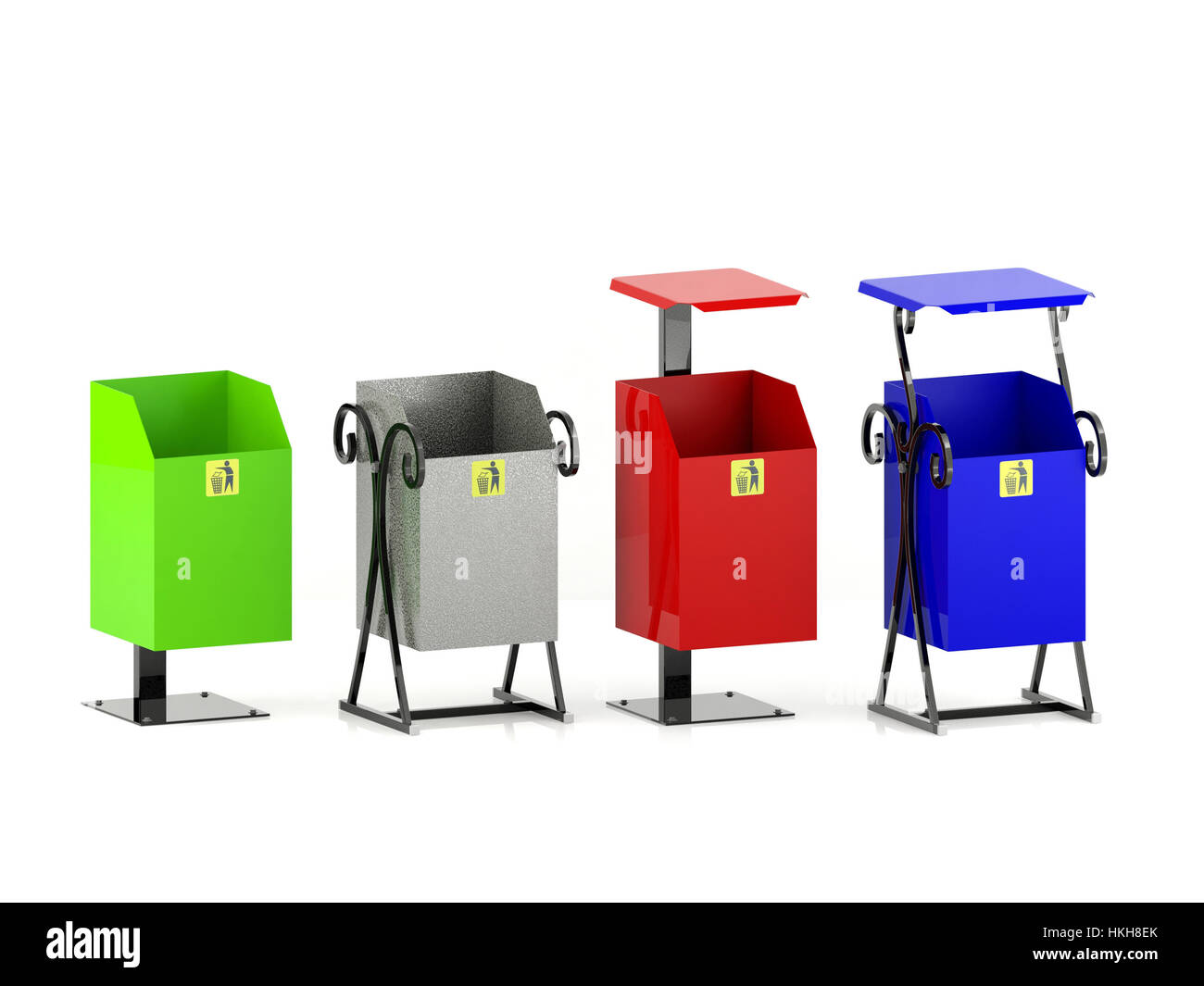 Variety colors rubbish bins set with trash icon isolated on white background Stock Photo