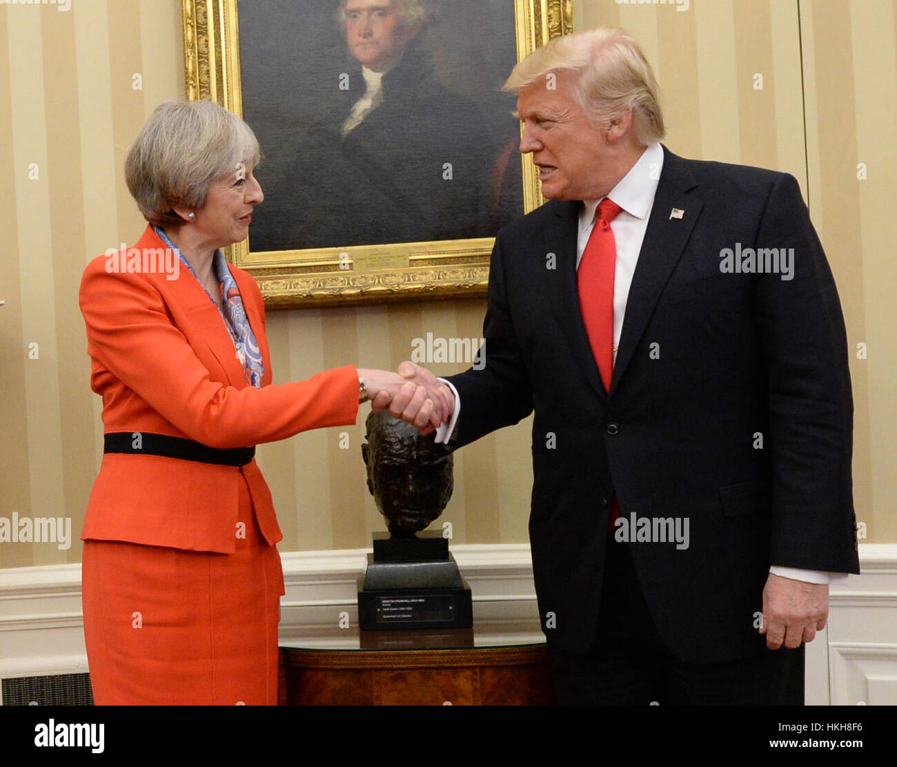 Prime Minister Theresa May meeting US President Donald Trump in the Oval Office of the White House, Washington DC, USA. Stock Photo