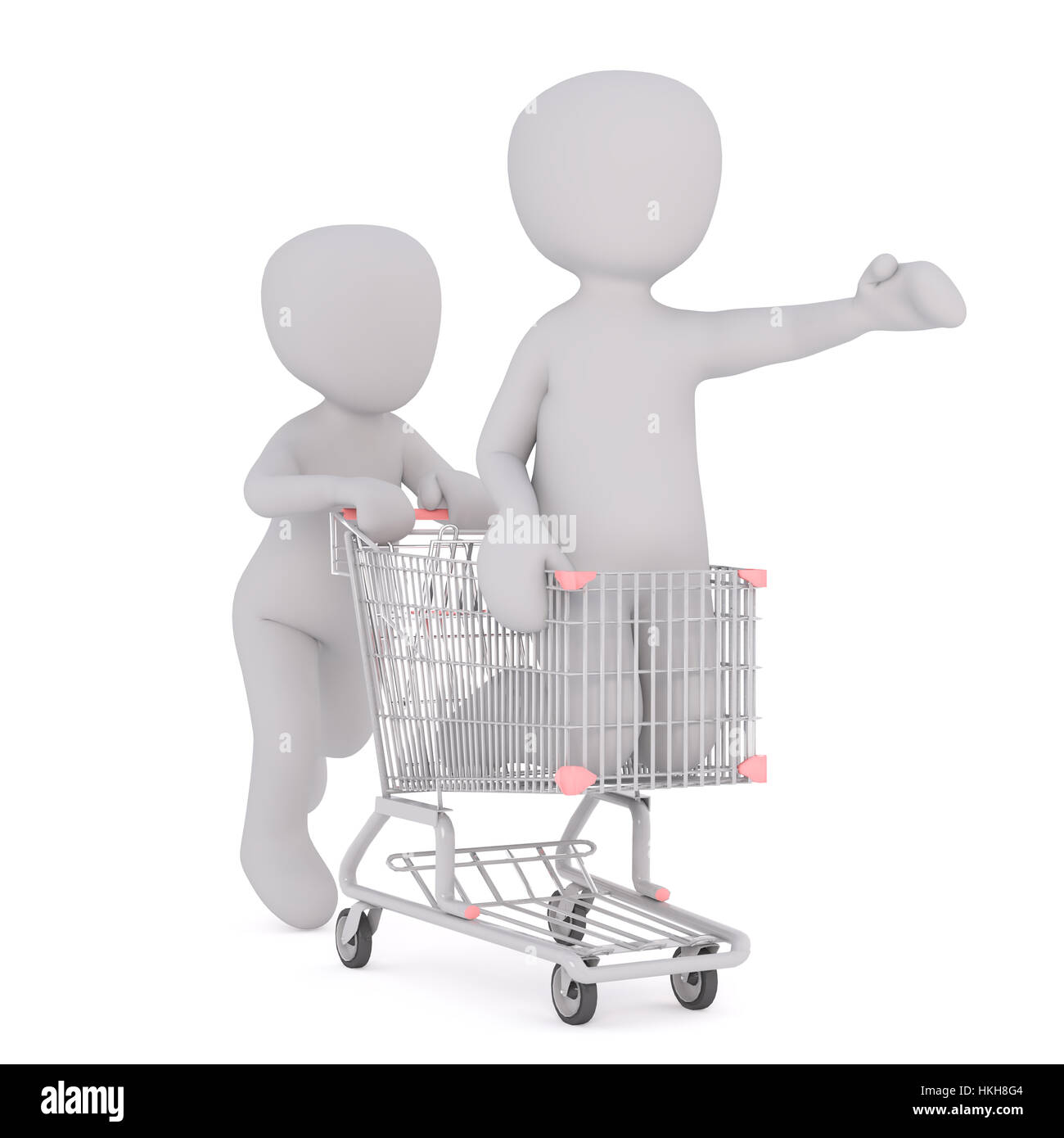 Faceless 3D men playing in supermarket with rolling adult in shopping cart, standing on knees with outstretched hand, render isolated on white backgro Stock Photo