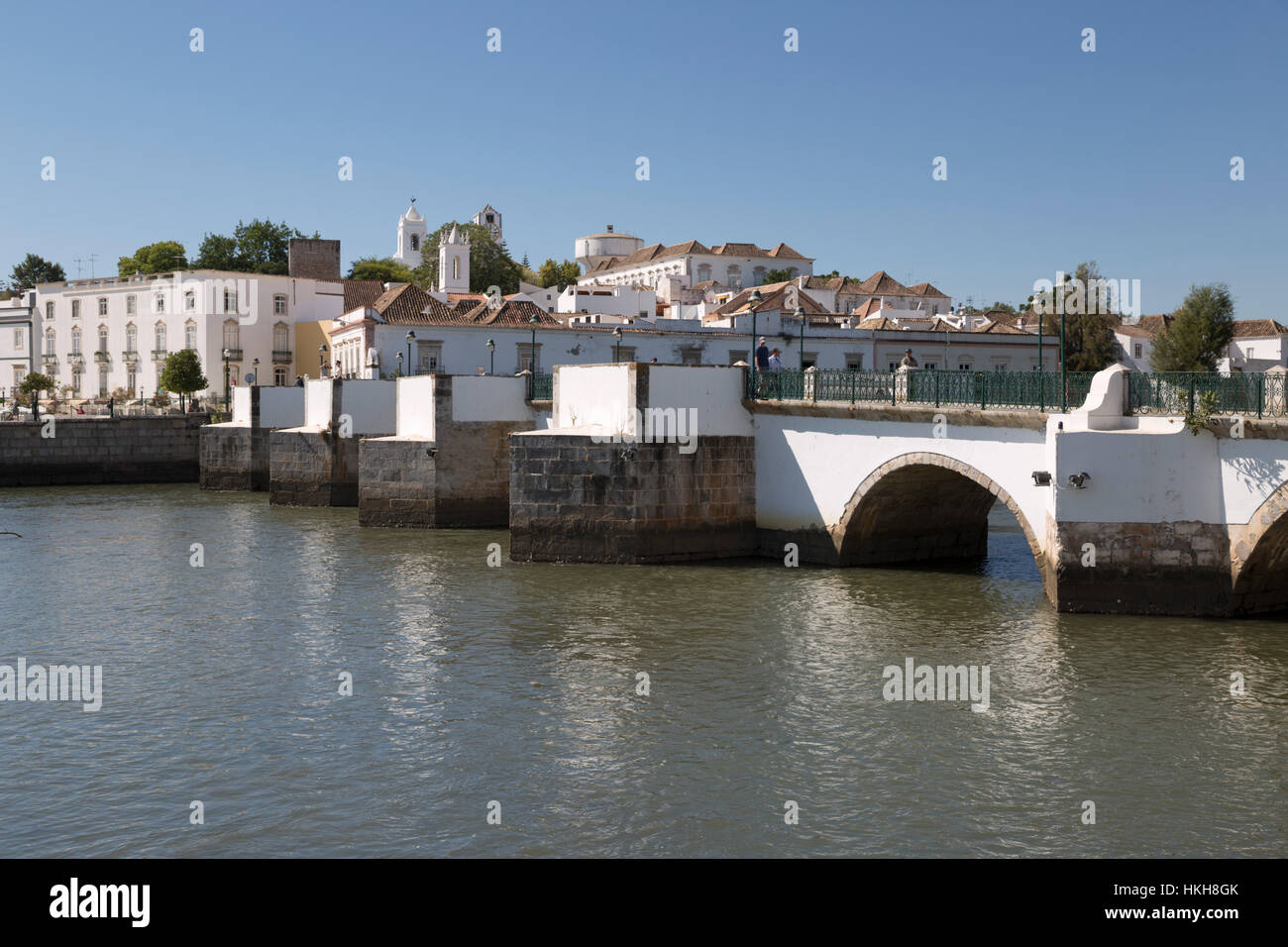 Seven arched Roman bridge and town on the Rio Gilao river, Tavira, Algarve, Portugal, Europe Stock Photo