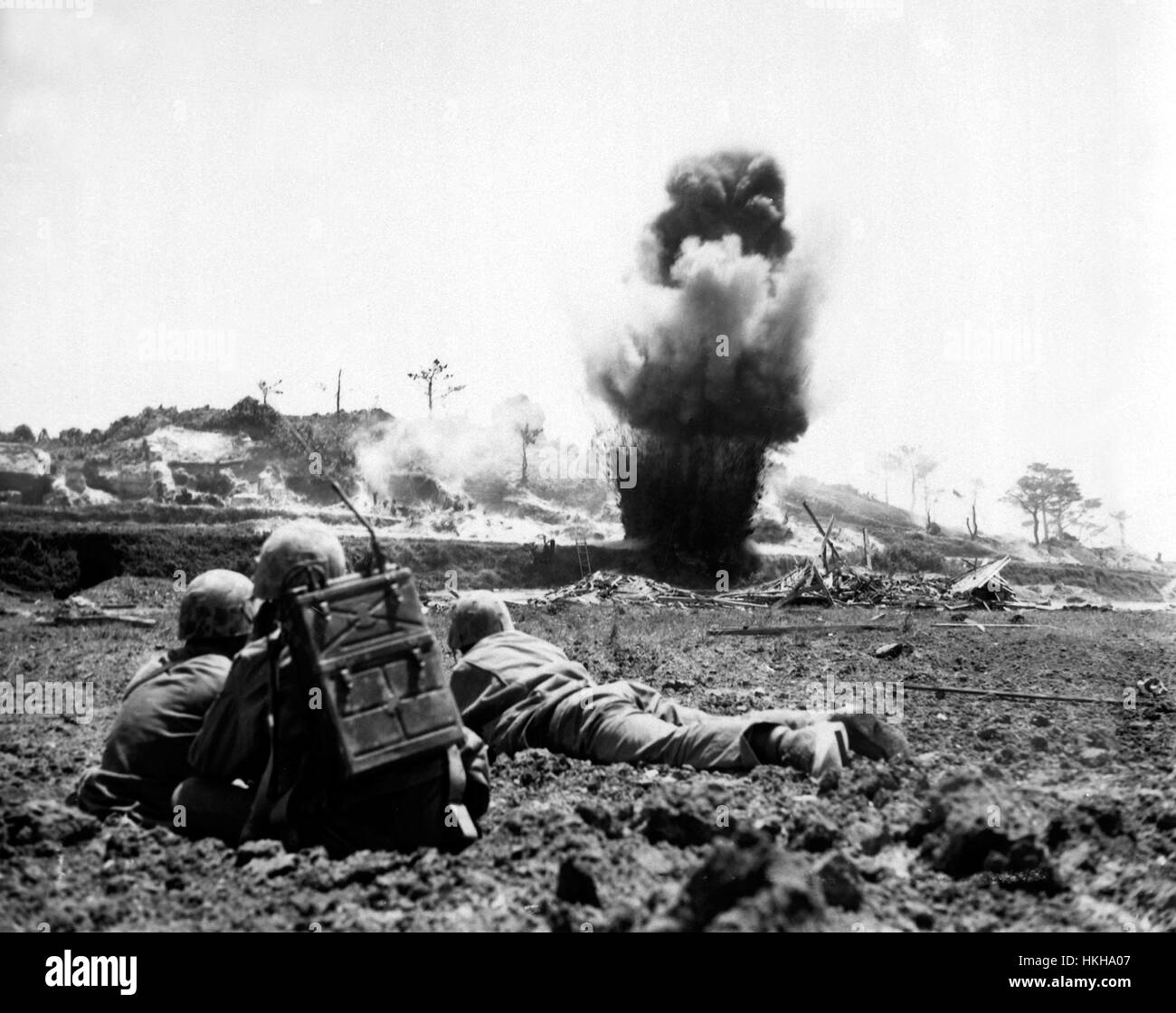 BATTLE OF OKINAWA April-June 1945. A Japanese underground position is destroyed by a US 6th  Marine Division demolition crew in May 1945 Stock Photo