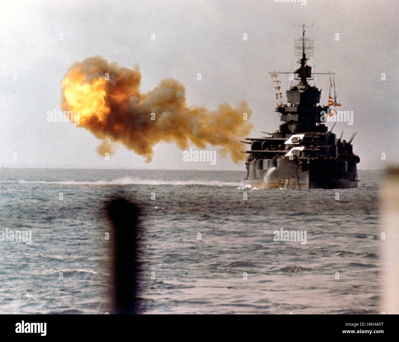 BATTLE OF OKINAWA April-June 1945. The USS Idaho (BB-42) shells Japanese positions on 1 April the first day of the battle. Photo: US Navy Stock Photo
