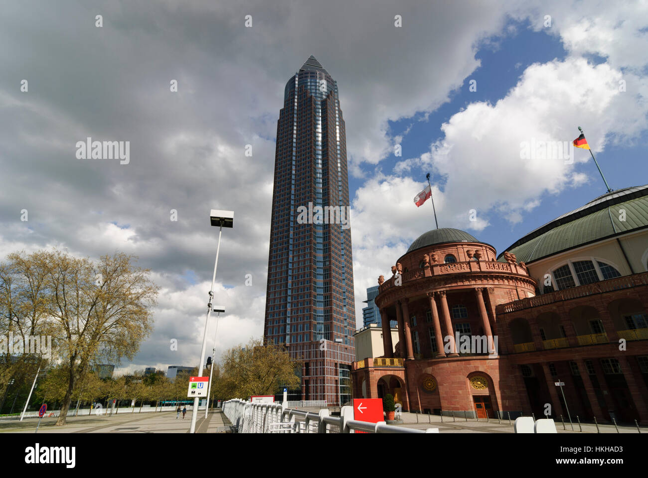 Frankfurt am Main: Messeturm  (Fair Tower) and Festhalle (festival hall) of the fair, Messe, Hessen, Hesse, Germany Stock Photo