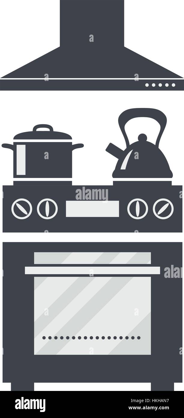 vector icon of kitchen electric oven with soup pan, kettle and a hood Stock Vector