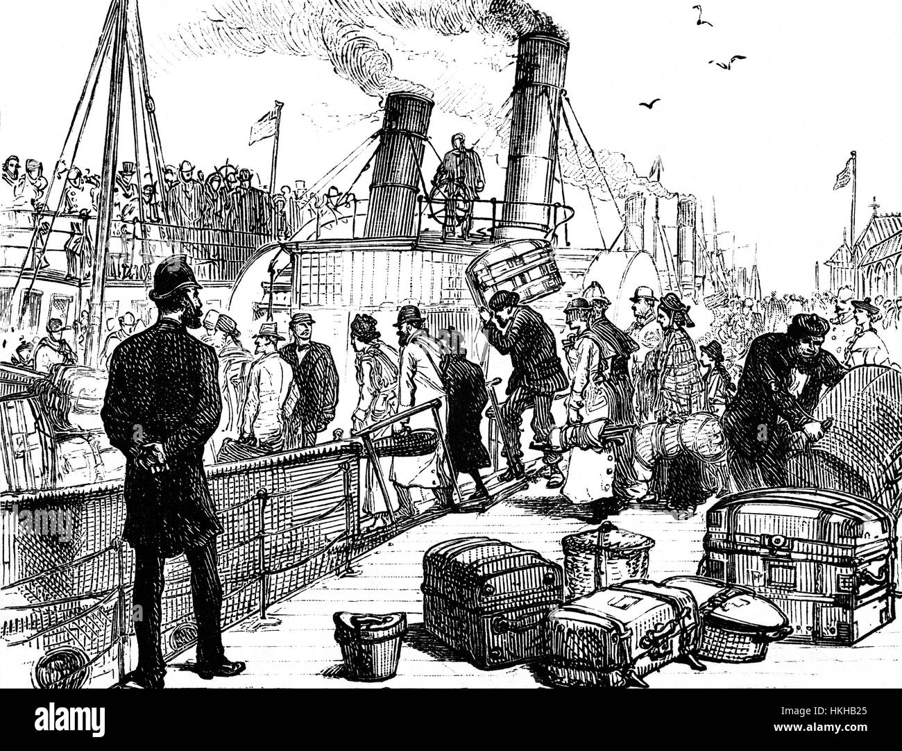 1879: Passengers for the Cunard SS 'Scythia' boarding a tender at  the Pier Head, in Liverpool, England prior for their  Atlantic crossing to New York, USA. Stock Photo