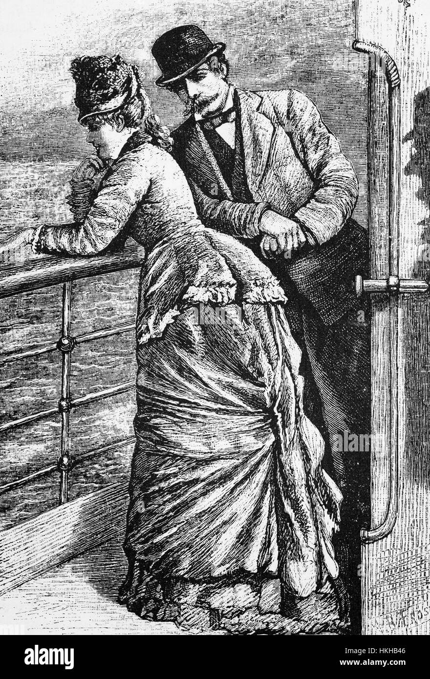 1879: A couple talking on the deck of the Cunard SS 'Scythia' as it crosses the Atlantic Ocean en route for 1New York; USA. Stock Photo