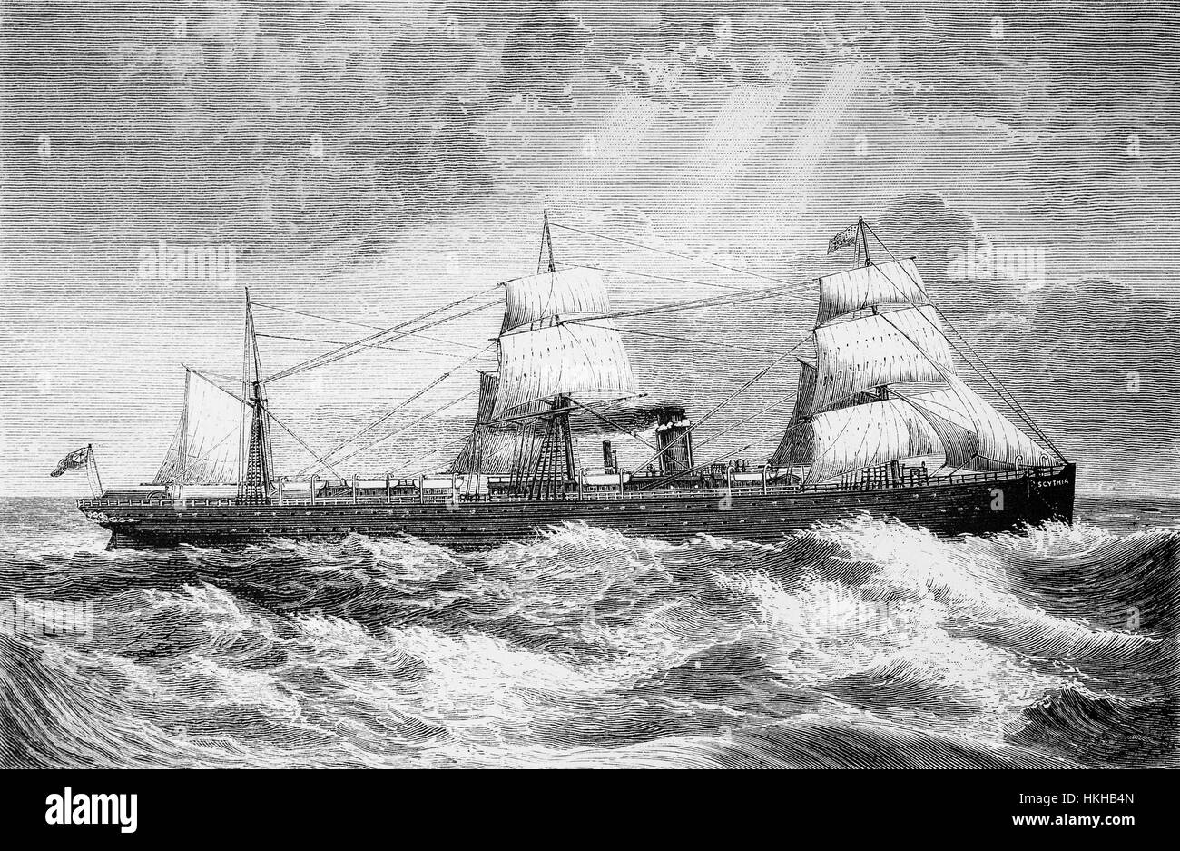 1879: The Cunard SS 'Scythia' steamship crossing the Atlantic Ocean en route for  New York, USA. Stock Photo