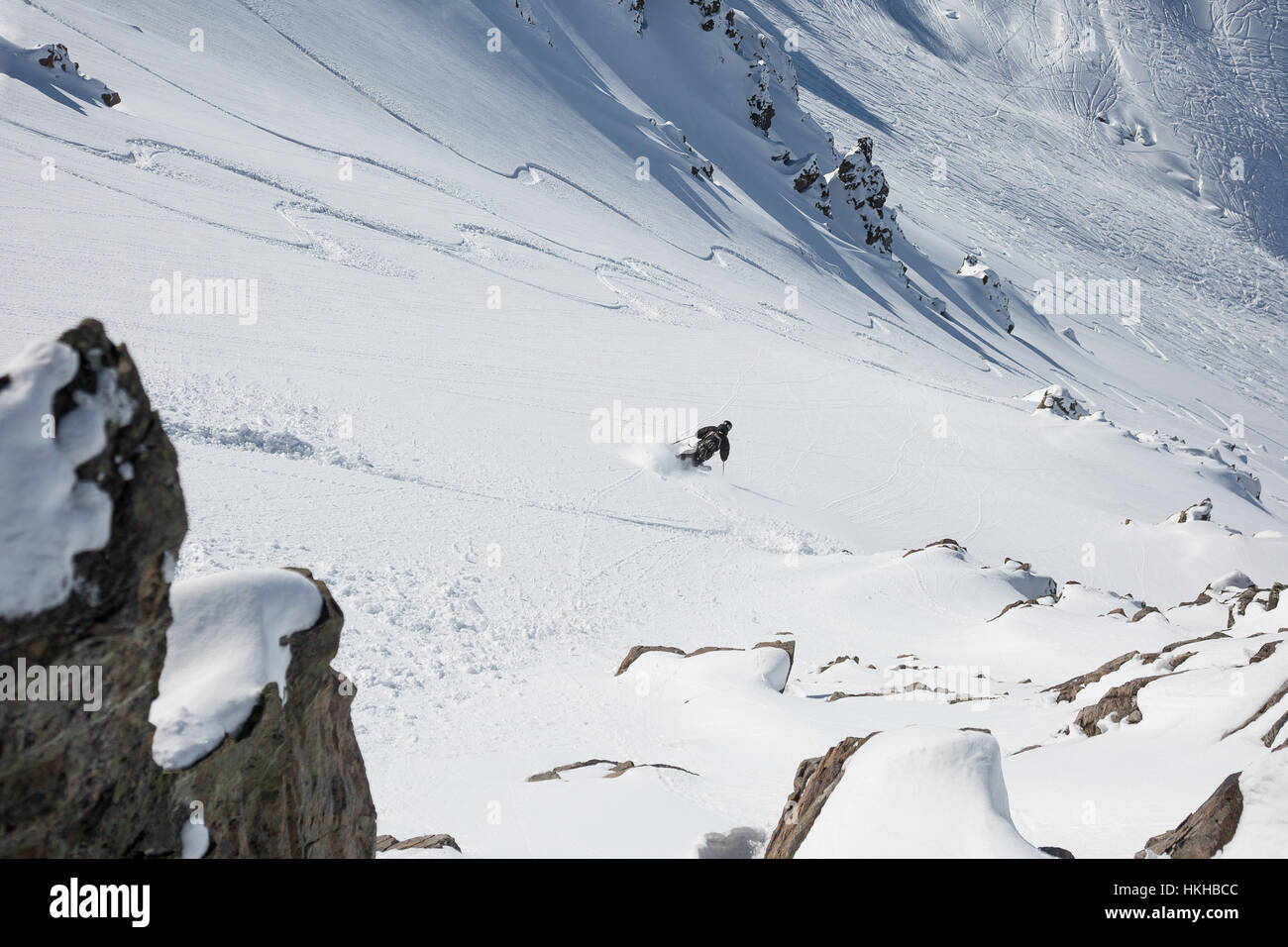 extreme skiing at mount olympus, canterbury, new zealand Stock Photo