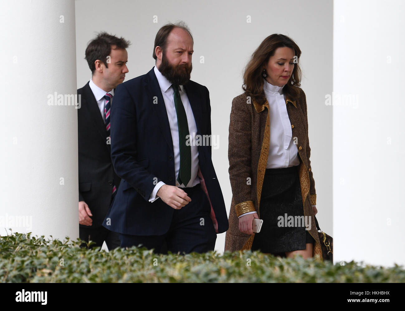 Joint-chief of staff Fiona Hill (right) and Nick Timonthy (centre) follows Prime Minister Theresa May and US President Donald Trump along the White House Colonnade during her visit to Washington DC, USA. Stock Photo