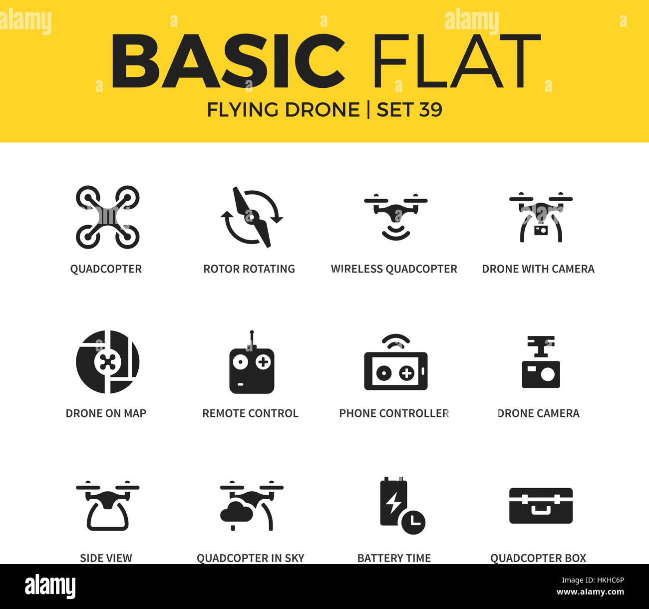 Basic set of Flying drone icons Stock Vector