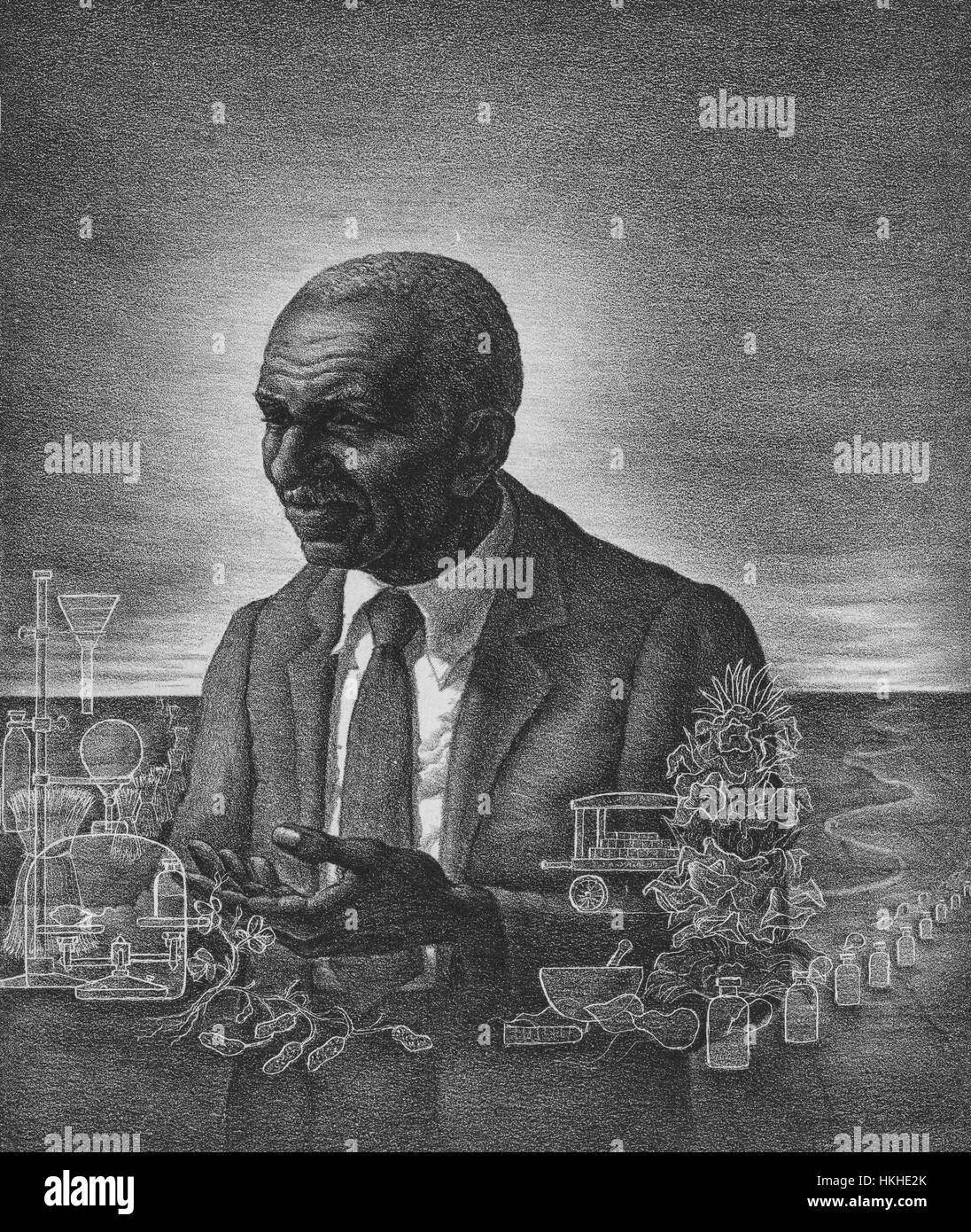 An etching from a portrait of George Washington Carver, he was an American botanist and inventor, he was born a slave and was raised by his former owners after slavery was abolished, he promoted the planting of alternative crops to cotton that would aide farmers both nutrtionally and financially, he also promoted the idea of crop rotation in order to restore minerals and nutrients to the soil, his image is surrounded by transparent illustrations of free floating scientific equipment and plants, 1939. From the New York Public Library. Stock Photo