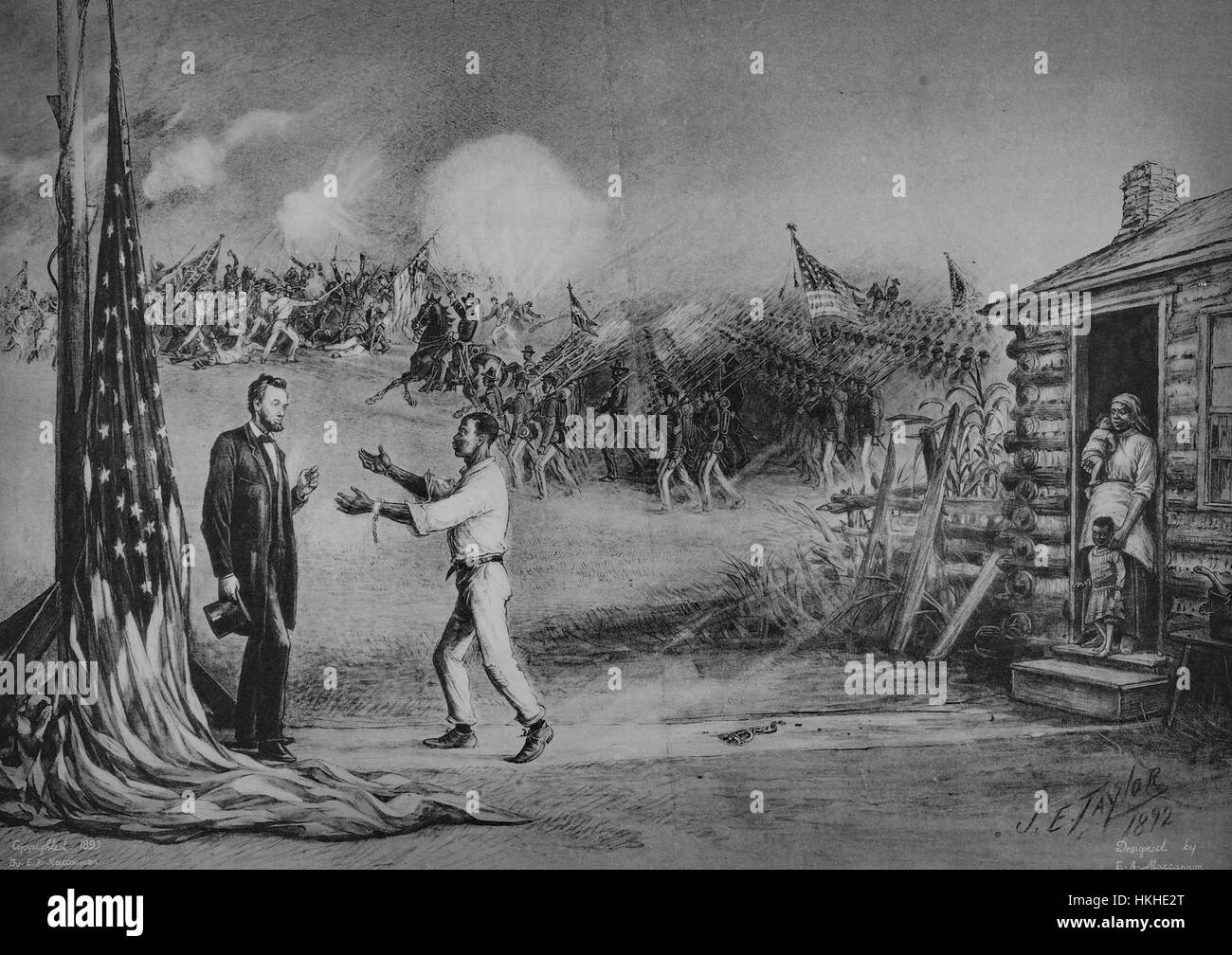 Illustration depicting a a slave with shackles on the ground behind him, his family looking on, appealing to Abraham Lincoln with a Civil War battle scene behind them, titled 'Appealing to be allowed to help fight for the Union', by James Earl Taylor, 1892. From the New York Public Library. Stock Photo
