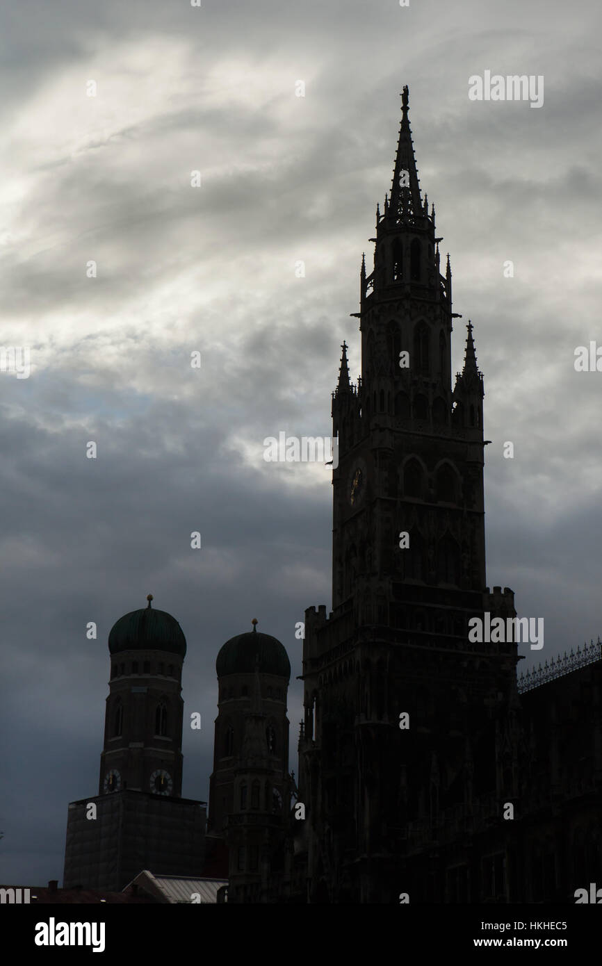 Neues Rathaus (New Town Hall) and the Frauenkirche Cathedral in Marienplatz in Munich, Bavaria, Germany. Stock Photo