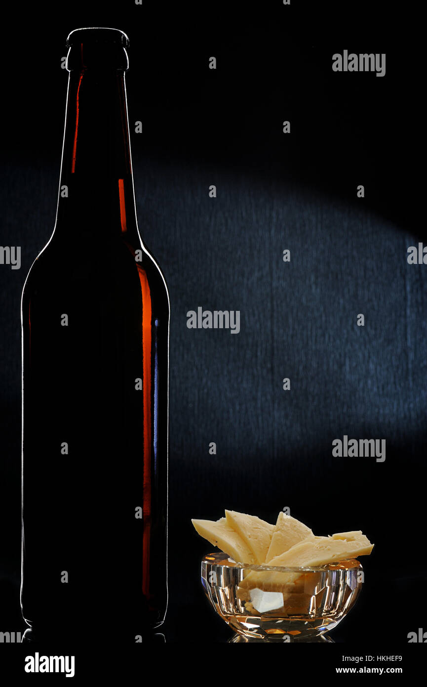 Beer bottle brown cheese slices black Stock Photo Alamy