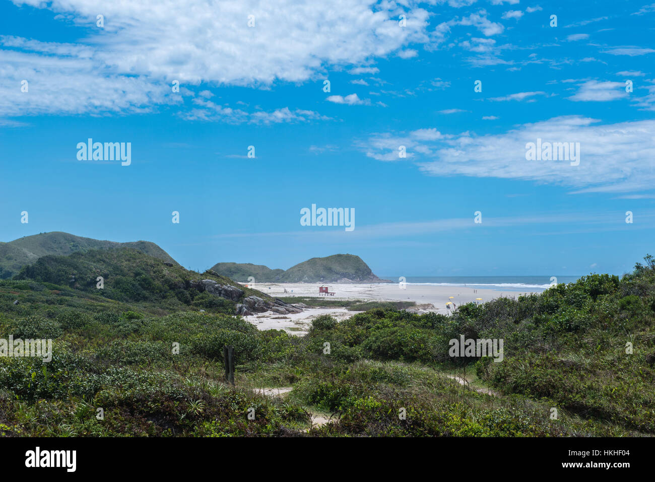 Path through tropical vegetation to the beach Praia da Boia, village of Encantadas, Ilha do Mel, Paraná, Brazil, South America Stock Photo