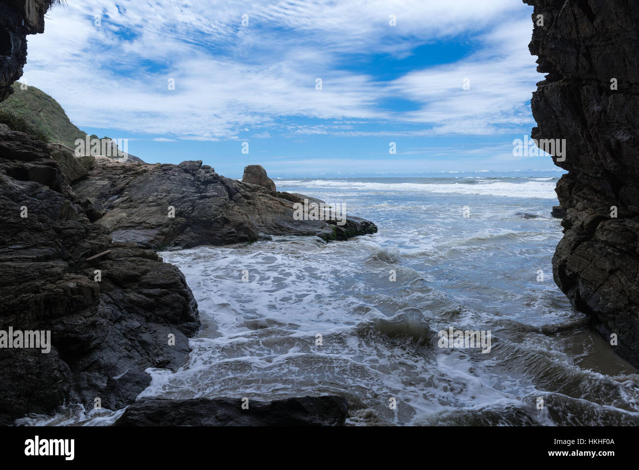 Grotto Gruta das Encantadas in stormy weather, Atlantic Ocean, Ilha do Mel, Paraná, Brazil, South America Stock Photo