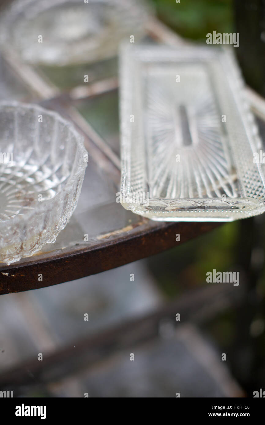 glassware for sale at flea market. table, crockery, second hand, sale