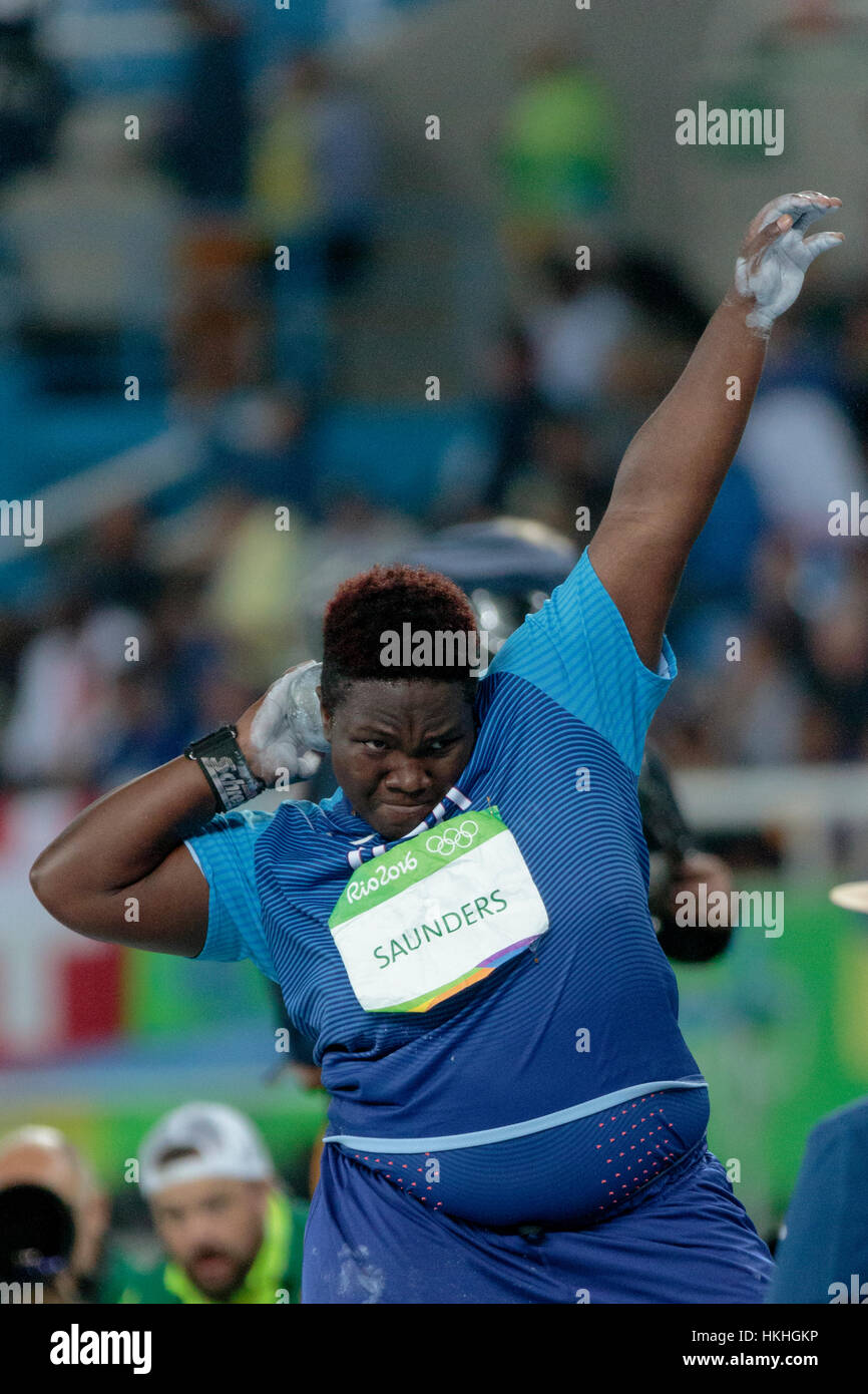 Rio de Janeiro, Brazil. 12 August 2016.  Raven Saunders  (USA) competing in the Women's  shot put at the 2016 Olympic Summer Games. ©Paul J. Sutton/PC Stock Photo