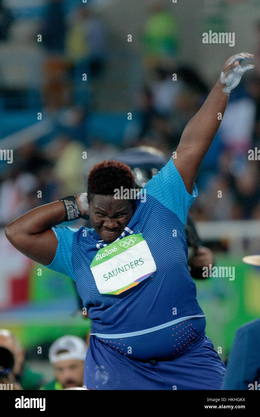 Rio de Janeiro, Brazil. 12 August 2016.  Raven Saunders (USA) competing in the Women's  shot put at the 2016 Olympic Summer Games. ©Paul J. Sutton/PC Stock Photo