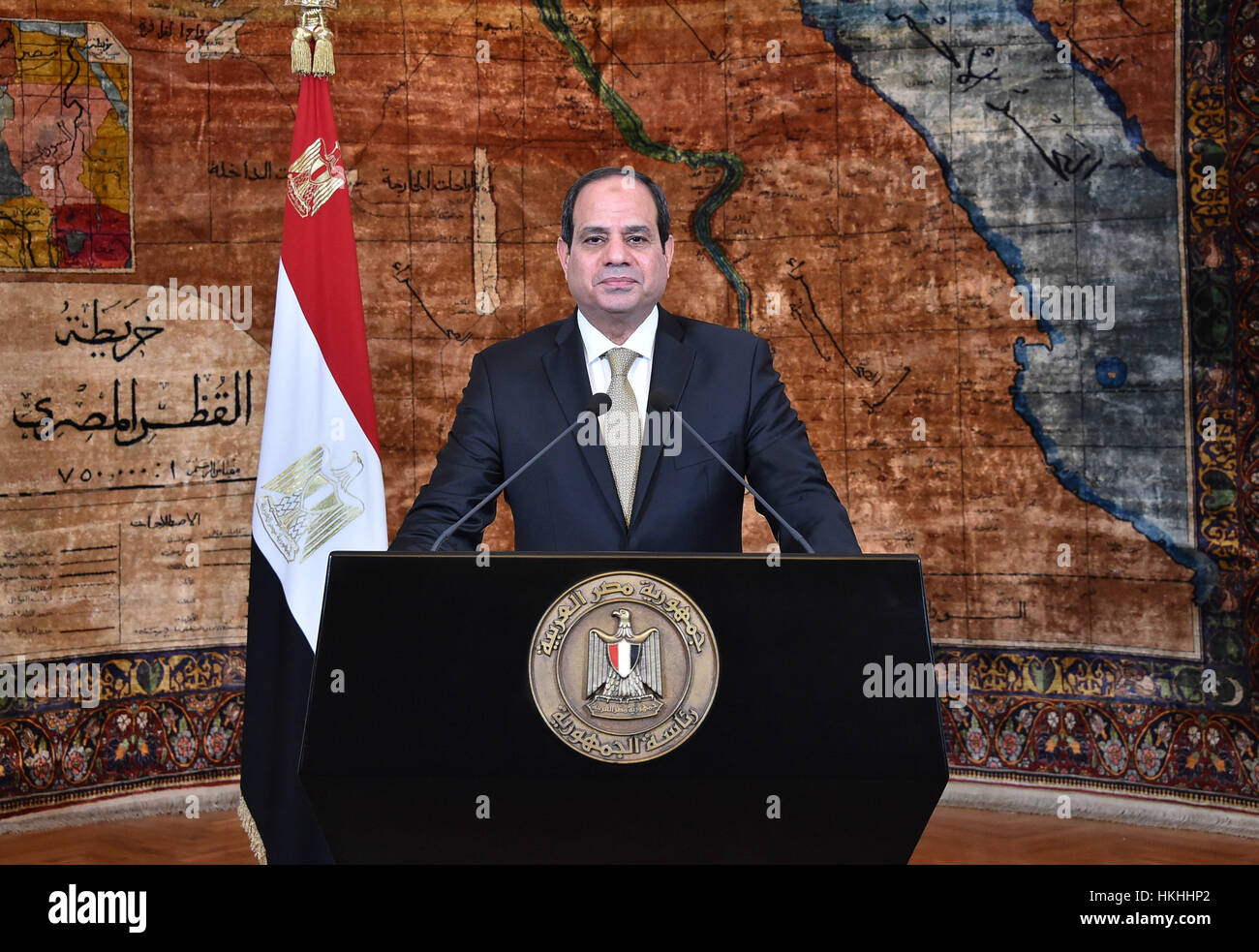 Cairo, Egypt - 25 January 2017 - Egyptian President Abdel Fatah Al Sisi addresses the nation on the anniversary of Police Day and marking the 25th January revolution.  (Egyptian Presidency Pool Photo) Stock Photo