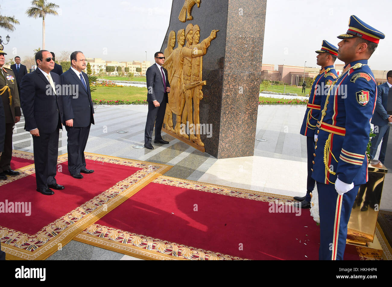 Cairo, Egypt - 25 January 2017 - Egyptian President Abdel Fatah Al Sisi visits the tomb of the unknown soldier on Police Day and marking  the anniversary of the 25 January 2011 revolution.  (Egyptian Presidency Pool Photo) Stock Photo