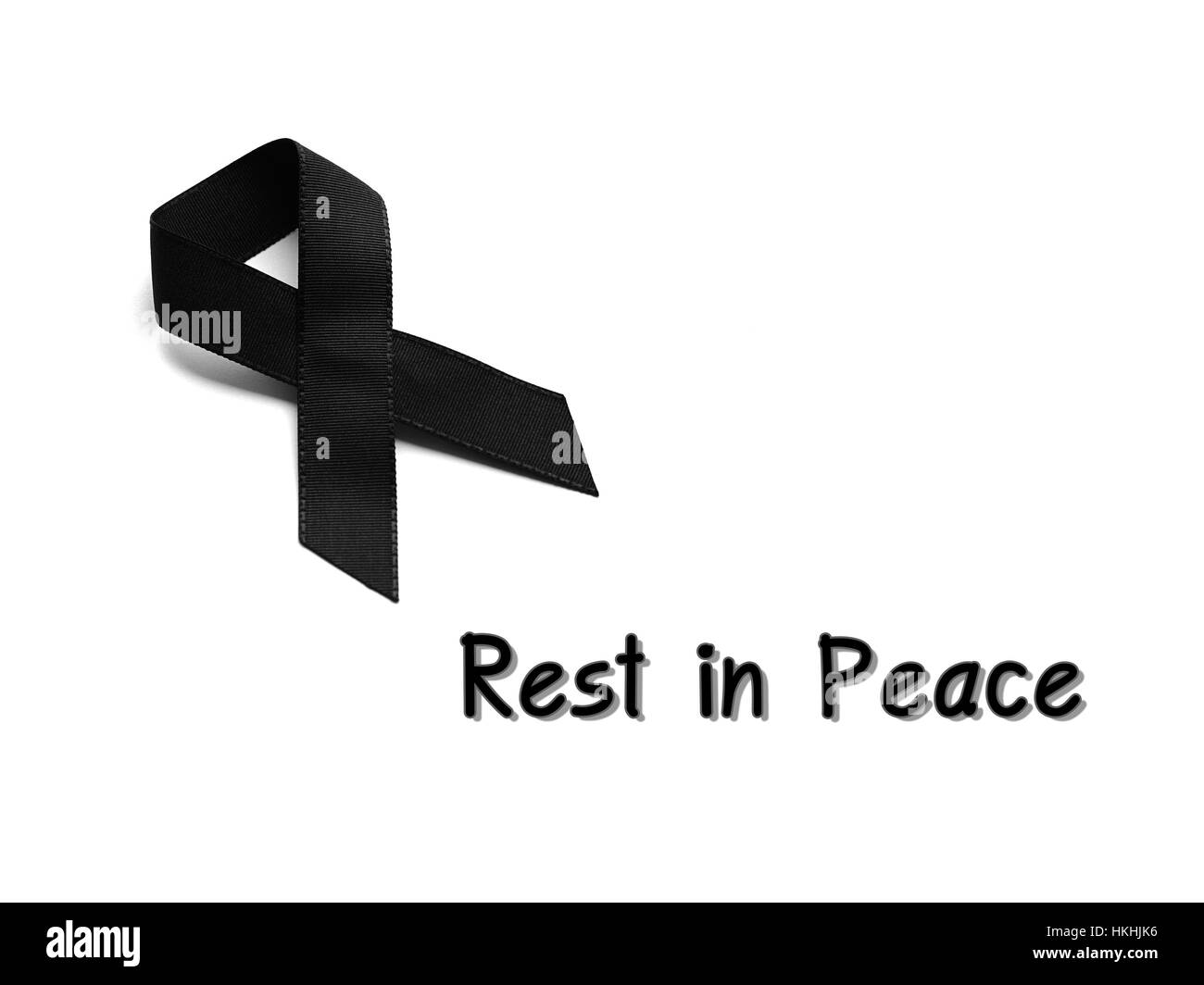 Black ribbon for mourning with rest in peace text on white background Stock Photo