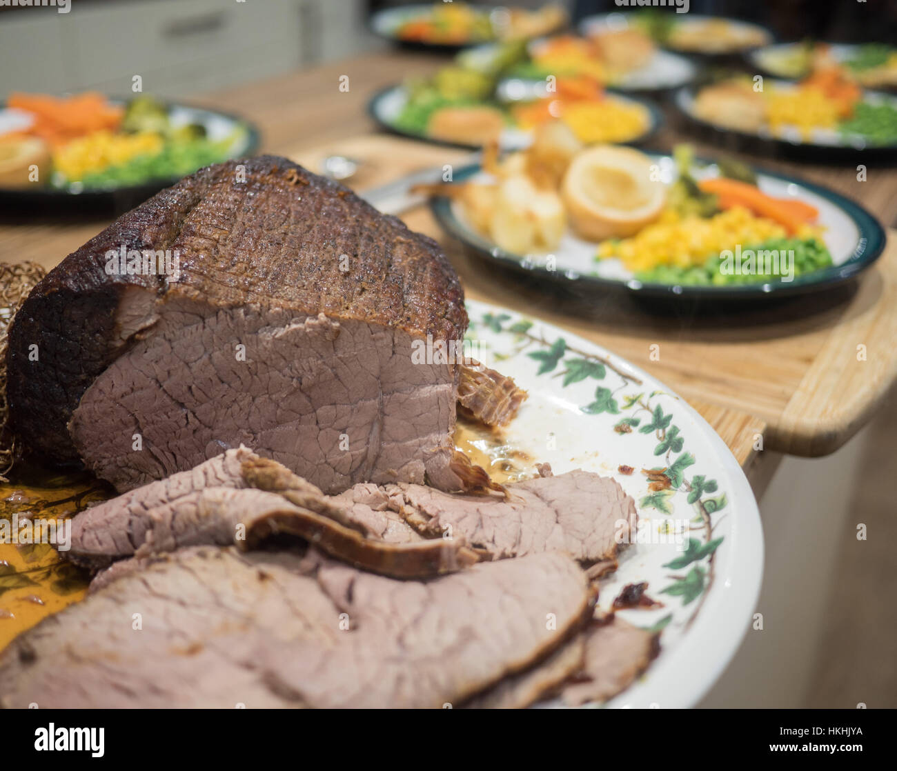 Roast beef served for Sunday lunch Stock Photo